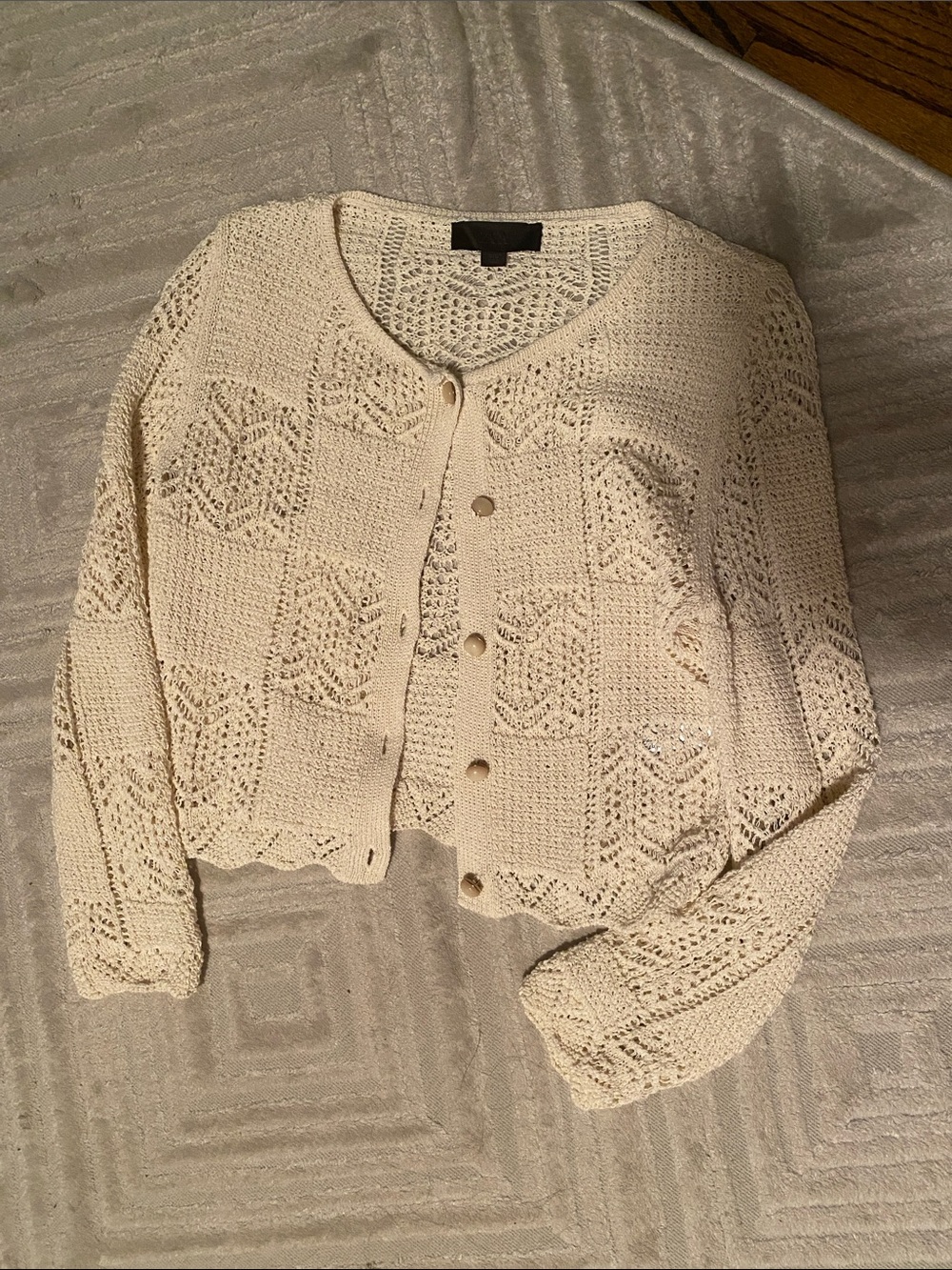 NWOT Zara Cream Openwork Crochet Button-Front Sweater Cardigan, size S